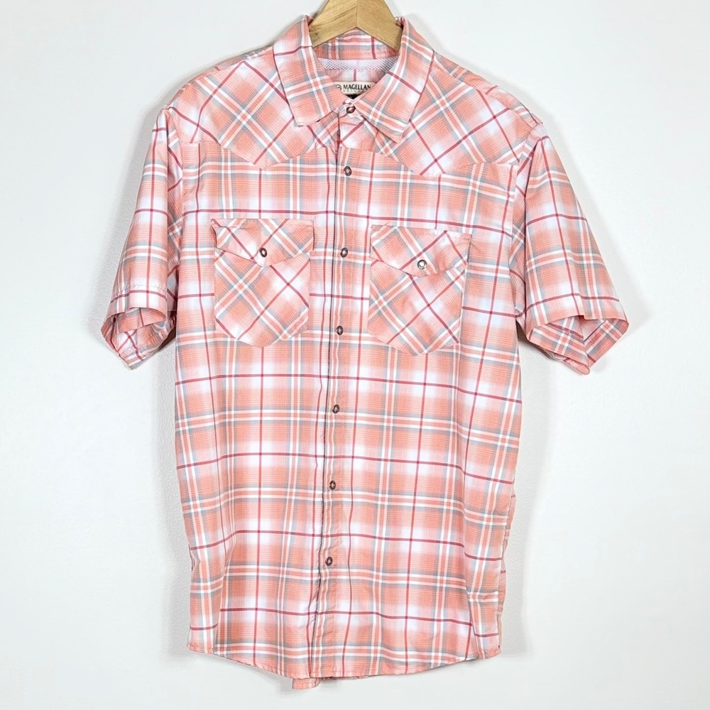 Magellan Mens Button Up Shirt M Orange Plaid Snap Western Fishing Performance